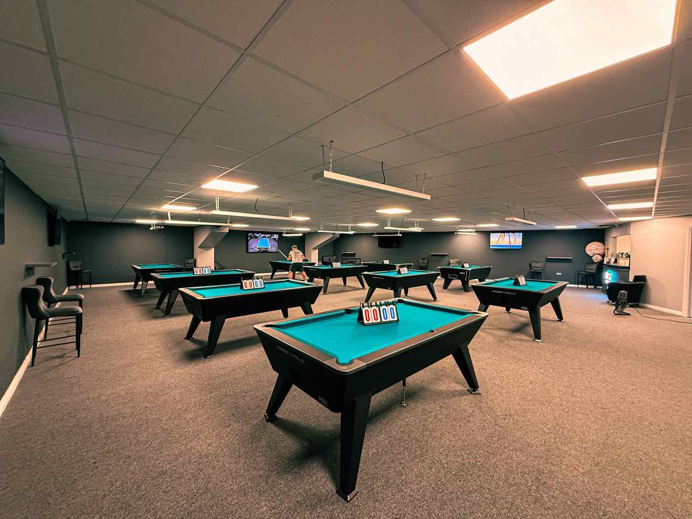 Inside Rackzz Pool Club — Rasson Apollo pool tables under LED lighting, Dundalk
