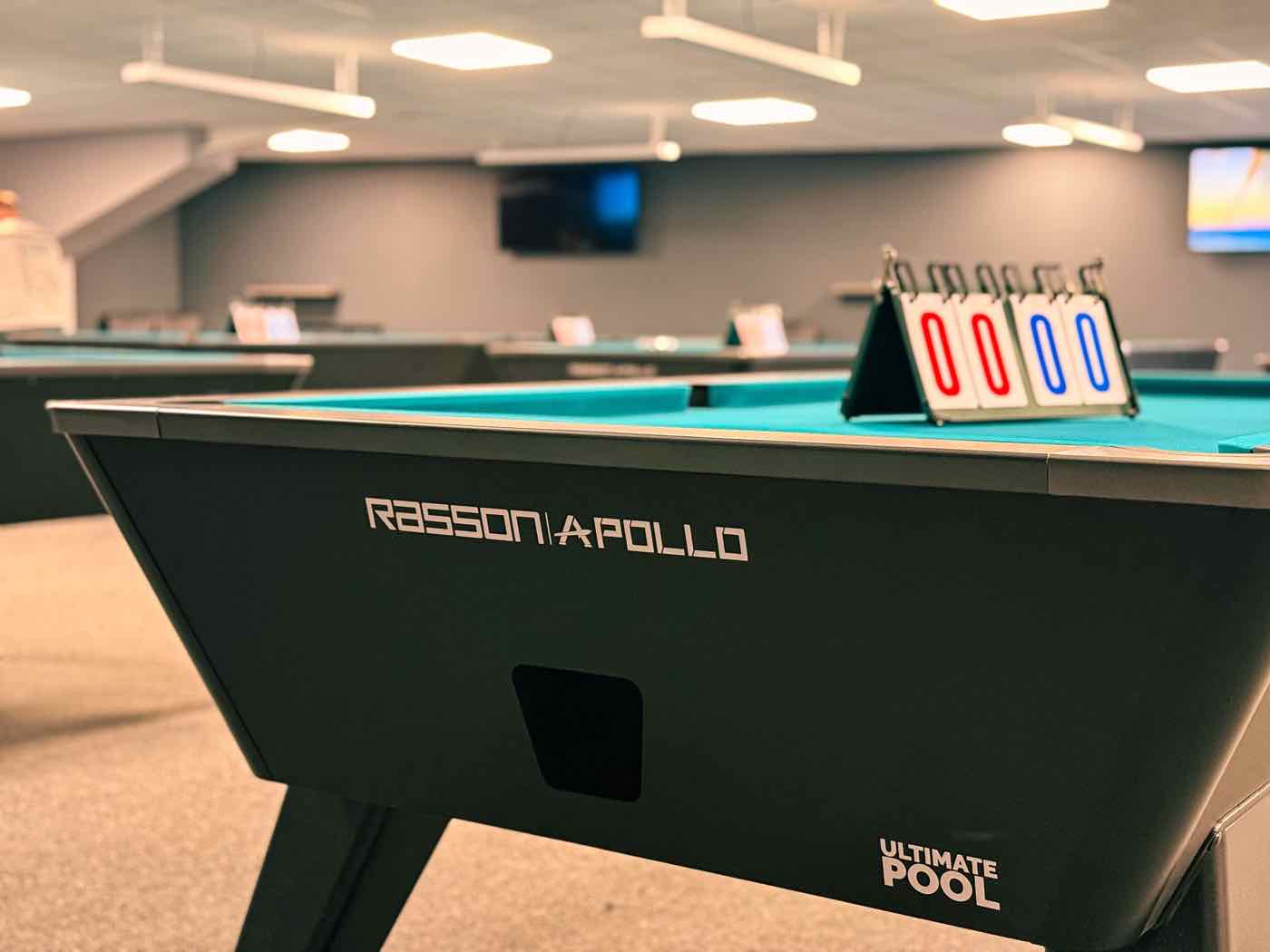 Rasson Apollo Feature Table with Ultimate Pool branding at Rackzz Pool Club, Dundalk